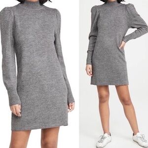 Wayf Dress-Lola Mini Sweater Dress Grey Mock Neck Long Puff Sleeve XL